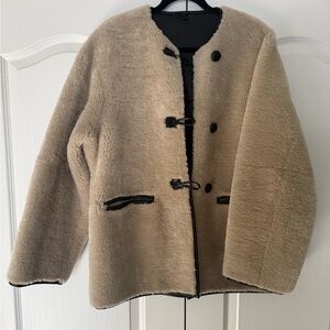 Mango Beige Teddy Jacket with Black Accents